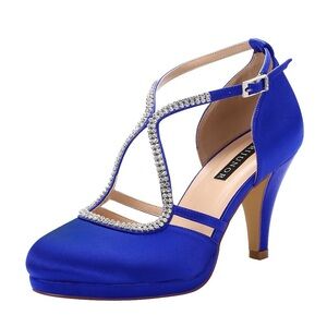 Blue Satin Heels with Rhinestone Detailing